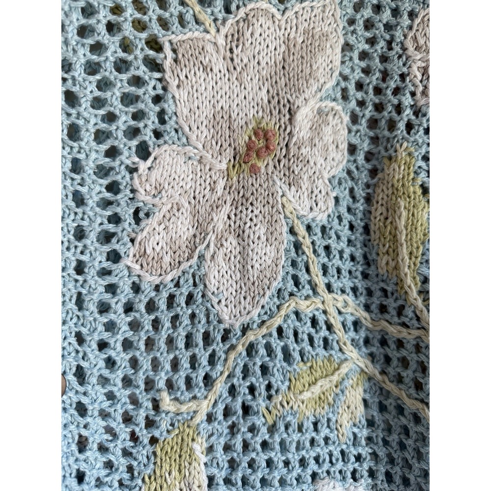 David Brooks Cardigan Open Weave Sweater Womens Medium Blue White Floral Vintage - Picture 5 of 10